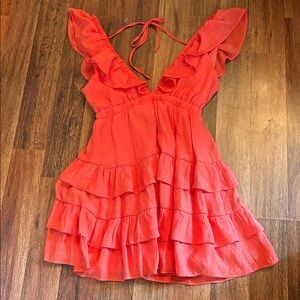Ruffled Coral Low Front and Back V-neck Dress